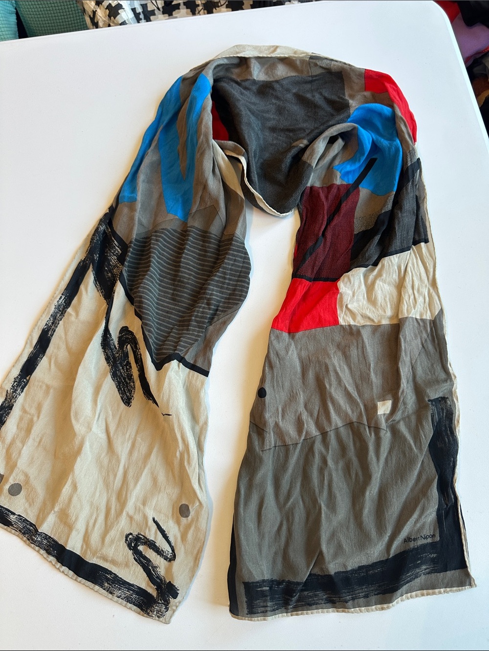 Albert Nipon Black and Cream Patterned Scarf